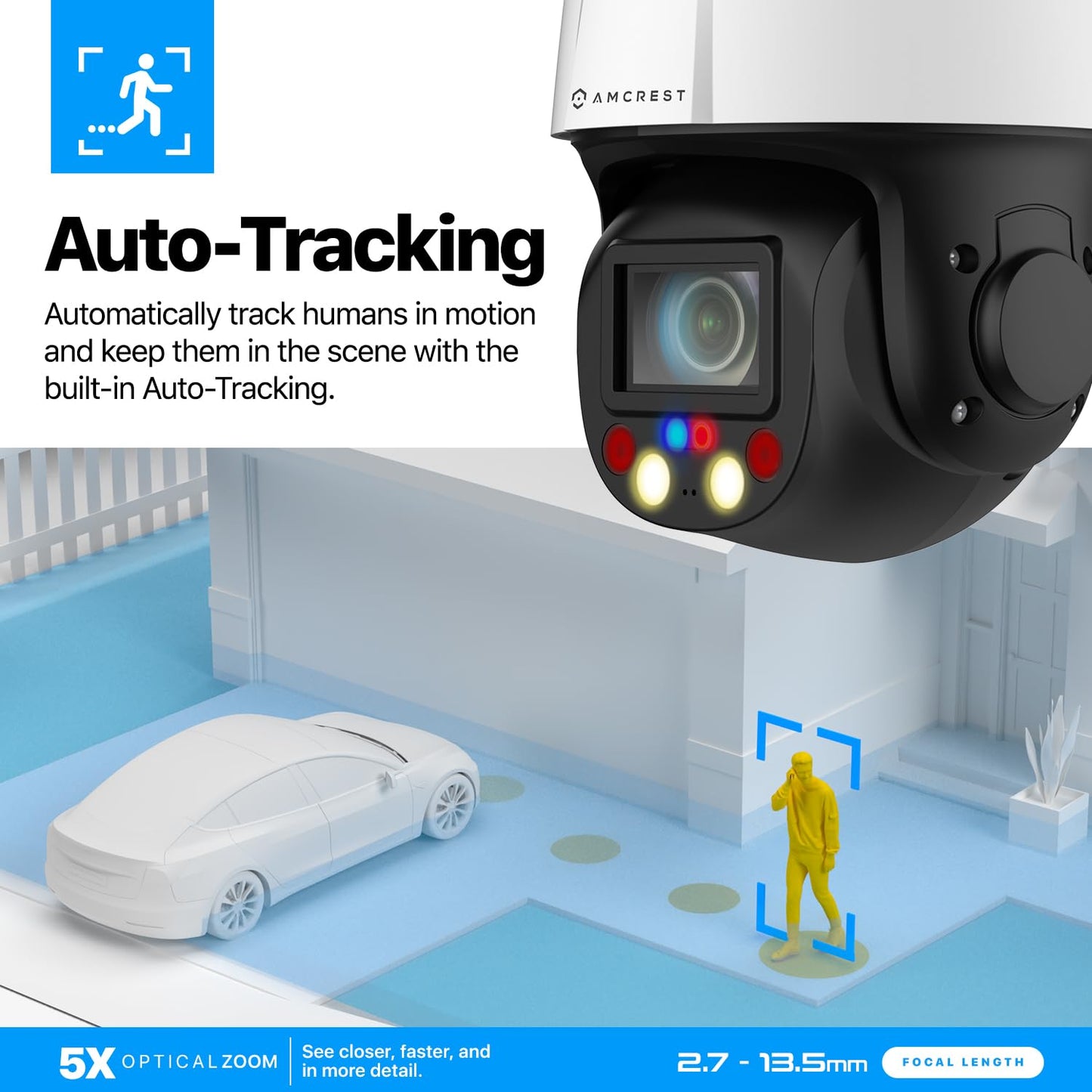 Amcrest 4MP Outdoor PTZ POE + AI IP Camera Pan Tilt Zoom (Optical 5X Motorized) Security Speed Dome, Human and Vehicle Detection, IVS, Face Detection, Auto Tracking, POE+ (802.3at) IP4M-1098EW-AI