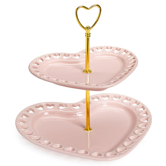 Paris Hilton 2-Tier Heart Serving Tray, Iconic Ceramic Stoneware with Metal Handle, Easy Assembly for Stylish Display, 9-Inch and 7-Inch Plates, Pink