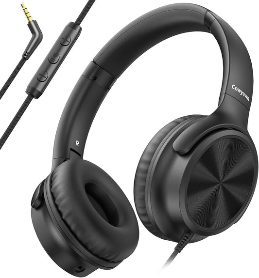 3.5mm Cowyawn Over Ear Headphones Wired, Foldable Wired Headphones with Microphone, Volume Control, HD Stereo Sound