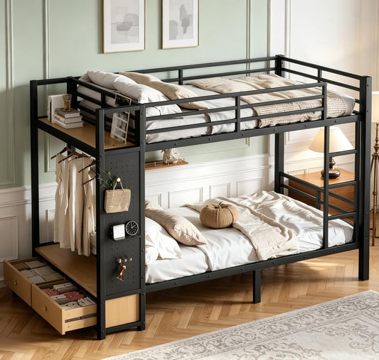 Bellemave Bunk Bed Twin XL Over Twin XL,Metal Bunk Bed with Shelf and Guardrails,Queen Bunk beds with Storage Drawers and Clothes Hooks for Kids, Teens & Adults（Black）