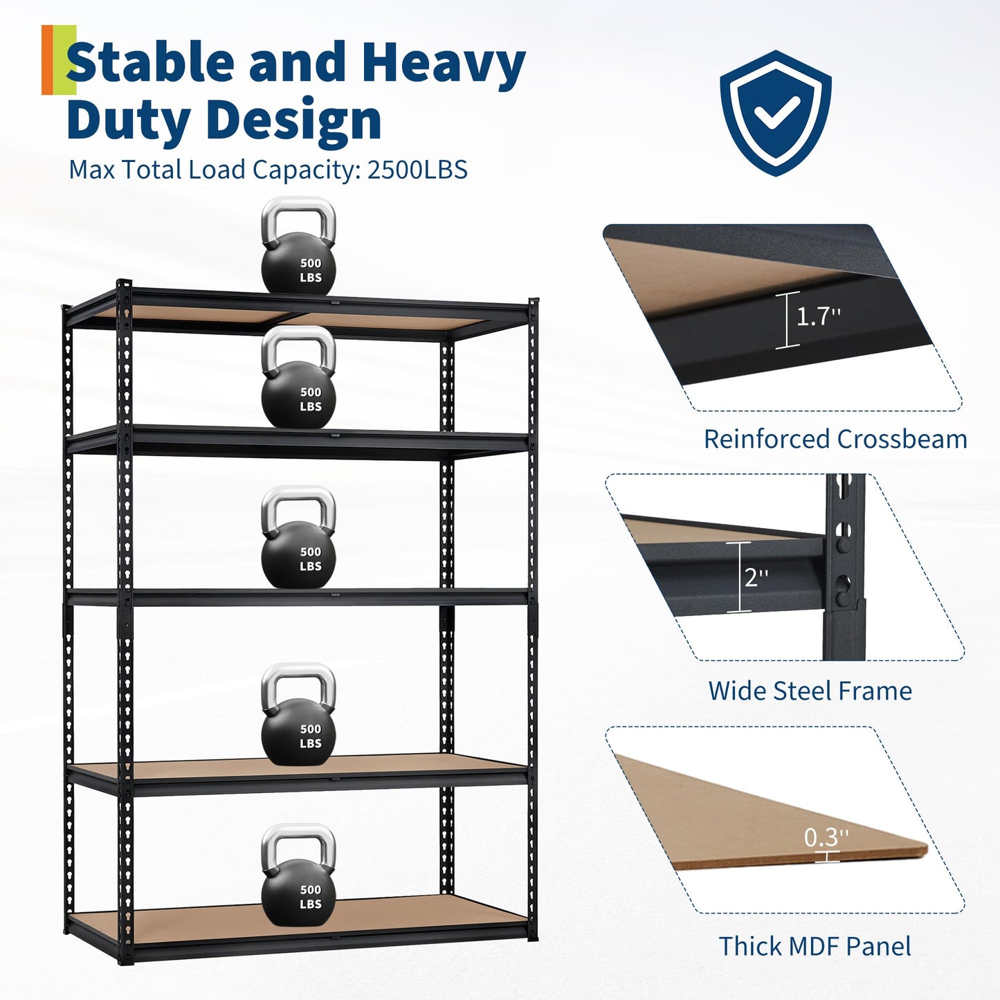 Garage Storage Shelves 5 Tiers, Heavy Duty Storage Shelving Racks with 2500 LBS Capacity, 48 " L x 18 in W x 72 in H Metal Adjustable Shelving Unit for Kitchen Pantry Basement Bathroom Laundry