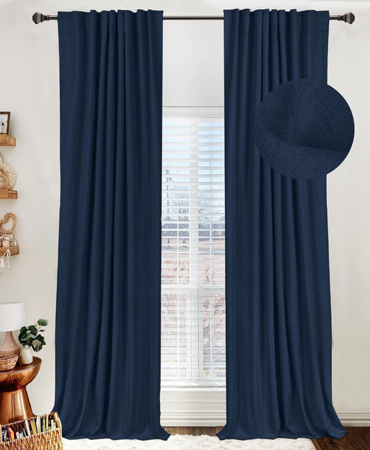 Skiennix 100% Blackout Linen Curtains - Thermal Insulated Drapes, 50" W x 102" L, Midnight Blue | 2 Panels Set