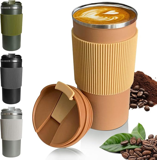 YINBAOGE Upgraded Insulated Travel Coffee Mug, Spill Proof & Leak Proof, Portable Camping Stainless Steel Tumbler, Reusable Thermal Coffee Cup with Lid for Hot & Cold Drinks (4th-khaki, 15OZ)