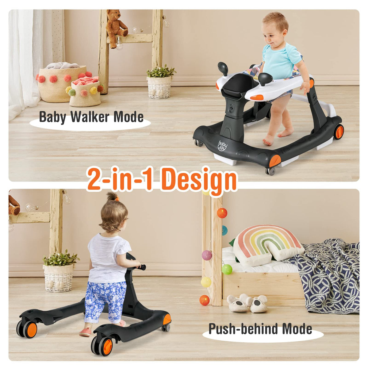 BABY JOY 2 in 1 Baby Walker, Foldable Activity Walker with Adjustable Height & Speed, Music, Lights, Mirrors, Padded Seat Cushion, Activity Baby Push Walker for Toddler Boys Girls, Ages 6-18 Months