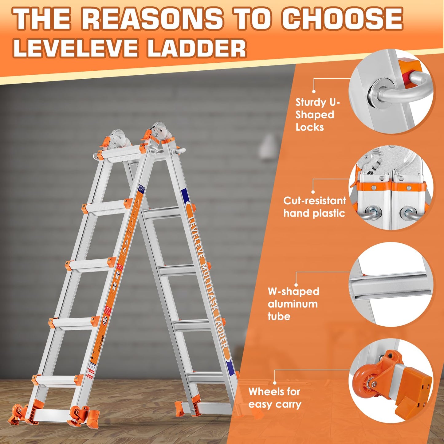 LEVELEVE Telescoping A Frame Ladder, 14FT Multi Position Ladder with Stabilizer Bar & Wheels,330 lbs Security Load for Stairs Home Indoor Outdoor Roof