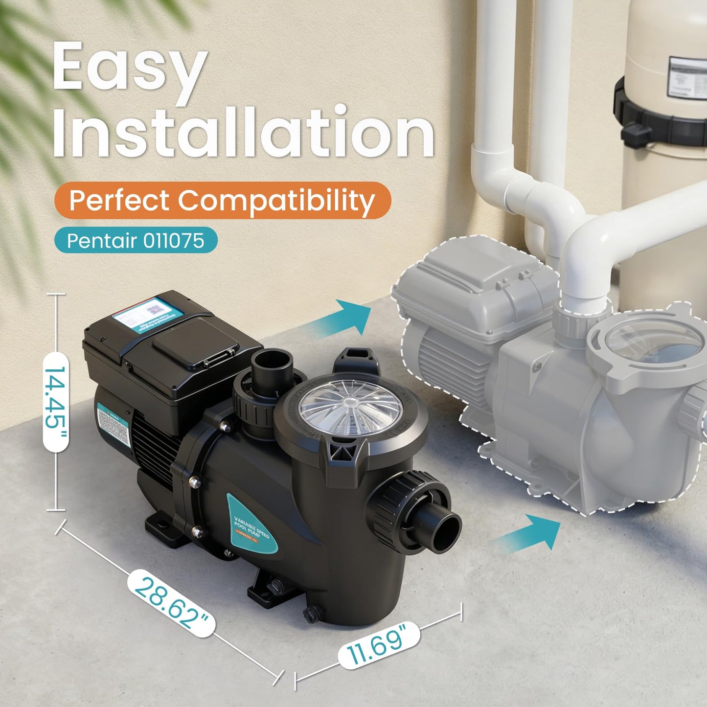 Vidapool Variable Speed Pool Pump, In/Above Pool Pump with Filter Basket, 3 HP, 220V, 11100GPH
