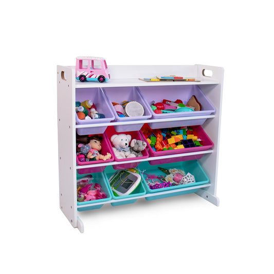 Humble Crew Toy Storage Organizer with 9 Removable Storage Bins for Kids Playroom, 3-Tier with Top Shelf Toddler Toy Organization, White/Pink/Purple/Aqua
