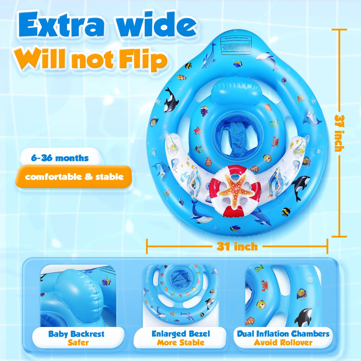 Baby Pool Float with Canopy UPF50+ Sun Protection, Inflatable Kids Pool Floats with Toy Play Console for Baby 6-36 Months, Infant Swimming Float with Adjustable Safety Seat for Boys Girls