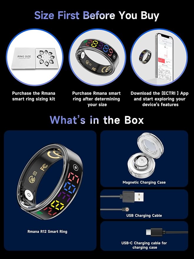 Smart Ring for Women Men, Health Ring with Colorful Display, Fitness Tracker with Heart Rate, Blood Oxygen, Sleep Monitor, No Subscription Fee, 5ATM Waterproof for iPhone & Android (Black, 8)