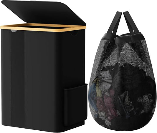 BlissTotes Laundry Basket with Lid, 80L Clothes Laundry Hamper with Handles and Removable Laundry Bag, Breathable Design Hamper with Lid for Bedroom, Bathroom, Dorm, Laundry Room - Black