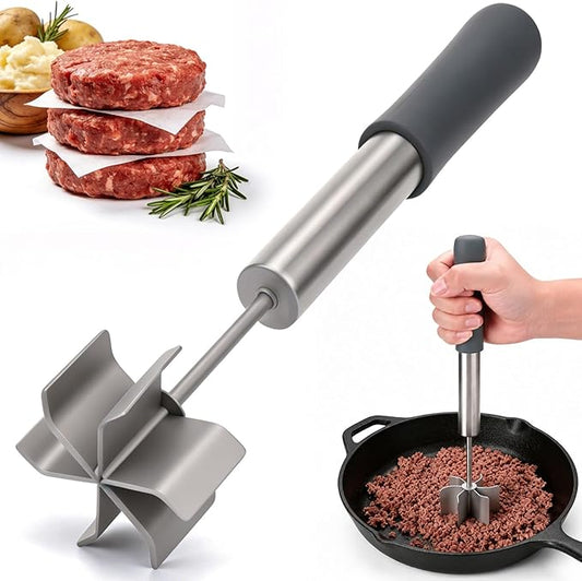 Palksky Stainless Steel Meat Chopper with 6 Wide Blades, Heavy Duty Ground Beef Masher & Meat Smasher Tool, Heat Resistant Silicone Handle Hamburger Smasher for Cast Iron & Metal Pans