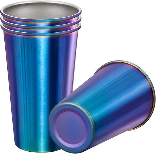 MEWAY 4 Pack 24oz Stainless Steel Pint Cup,Healthy Unbreakable and Stackable,Metal Drinking Glasses，Beer Glasses（Rainbow）