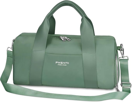 Compact Sports Gym Bag for Women, Cute Mini Duffle Bag with Wet Pocket & Shoes Compartment, Personal Item Travel Workout Bag, 16"-Small, Green