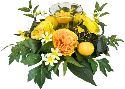 Skiennix 17 Inch Lemon Floral Centerpiece - Artificial Yellow Peony & Glass Hurricane Candle Holder for Dining Table Decor