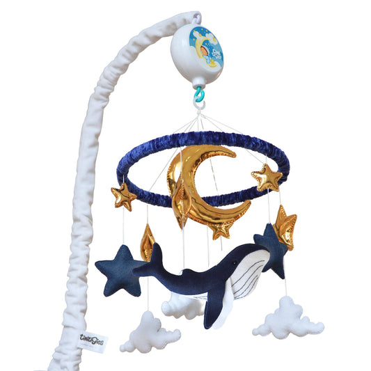 Whale Baby Mobile for Crib - Nautical Stars & Moon Crib Mobile for Boys - Rotating Musical Baby Boy Mobile with 12 Lullabies - Navy Blue Nursery Decor Gift