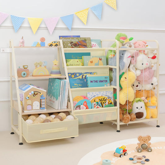 Fabuday Kids Bookshelf and Toy Storage Organizer - 4 Tiers Large Toddler Baby Sling Book Shelves for Kids Room with Stuffed Animal Storage, 3 Tier Montessori Childrens Bookcase for Nursery, Playroom