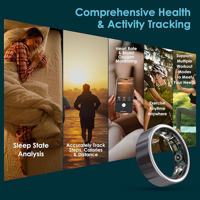 Smart Ring Health Monitoring 5ATM Waterproof Fitness Tracker with Glossy Titanium Surface Blood Oxygen/Sleep/Stress Tracking Women?™s Cycle Prediction Sport Ring Compatible with iOS/Android Yellow 13