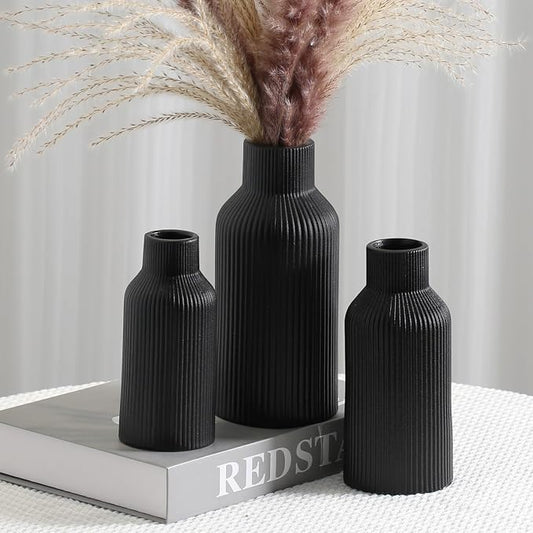 Bohemian Black Ceramic Vase - for Pampas Grass, Mantel, Bookshelf, Entryway and Living Room Decor (Black, Set of 3)