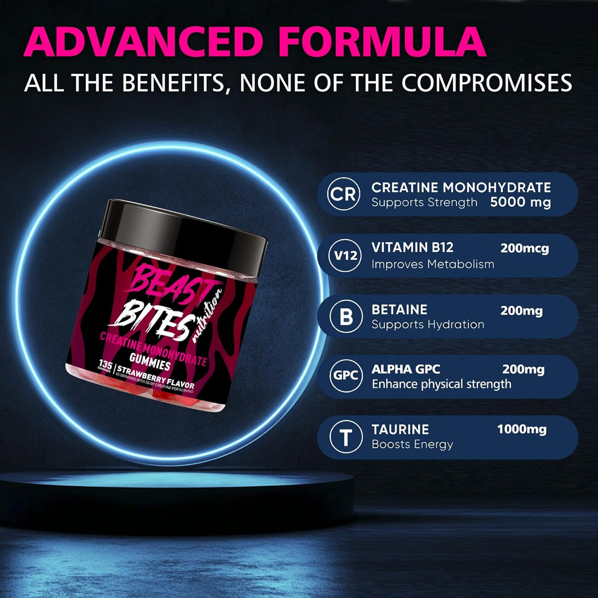 Creatine Monohydrate Gummies for Men & Women - 5g of Creatine Monohydrate per Serving - Sugar Free,Vegan, Strawberry Flavor, 135 Count (45 Servings).
