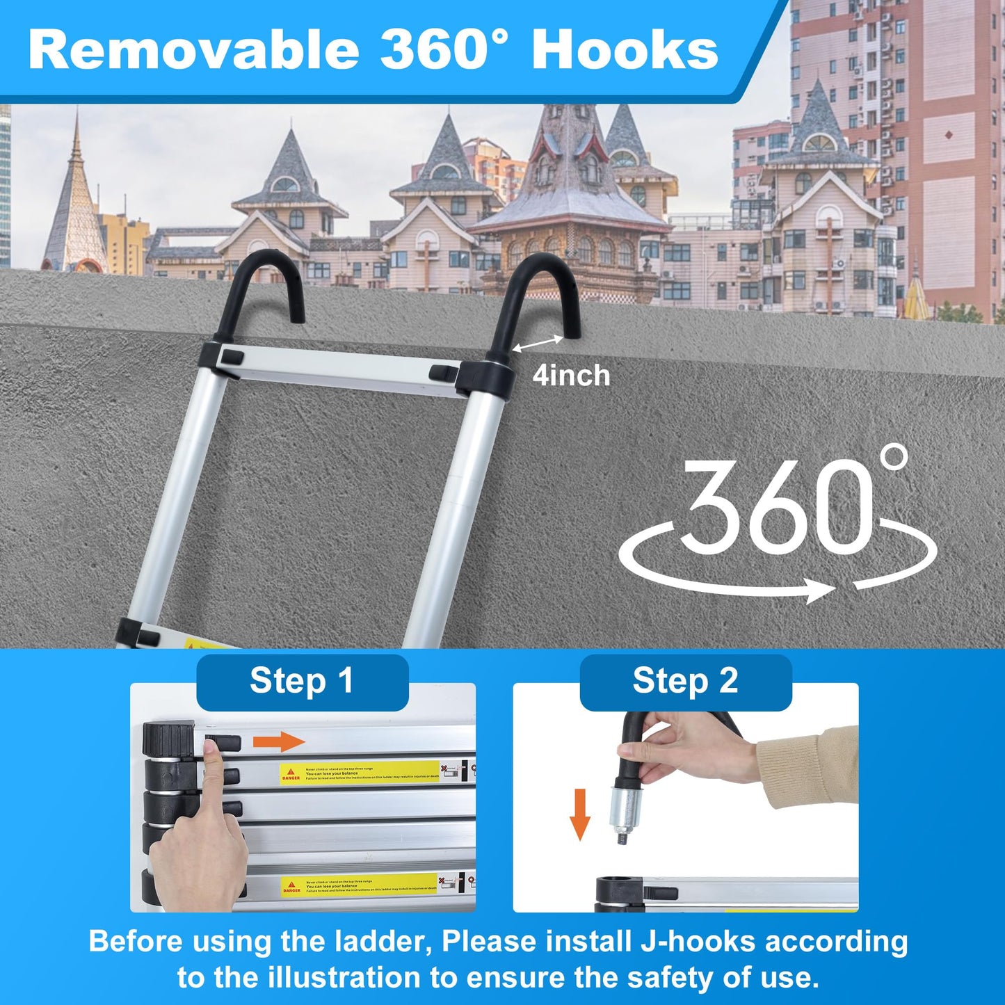 Wolec 17.5 ft Aluminum Telescoping Ladder, 330 lb Load, Hooks, Portable Collapsible Ladder for Home & Work,Silver