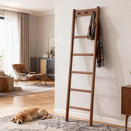 Wooden Blanket Ladder - Natural & Motley Wood - Leaning Wall Decor for Bedroom, Bathroom, Living Room - Rustic Quilt Holder & Towel Rack (Walnut Color + Hook, 76in（5-Tier）)