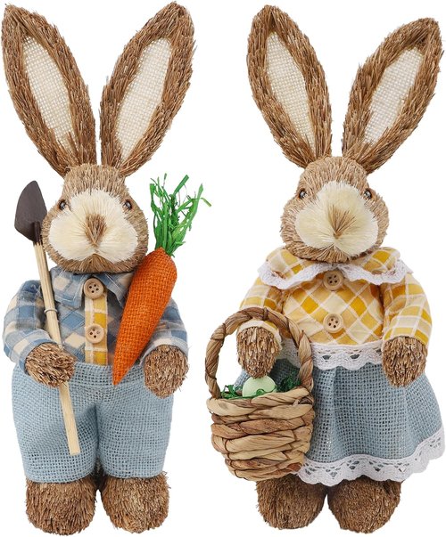 DR.DUDU Easter Bunny Figurines - Set of 2 Rustic Straw Rabbit Statues for Spring Decor | 13-Inch Tabletop Ornaments