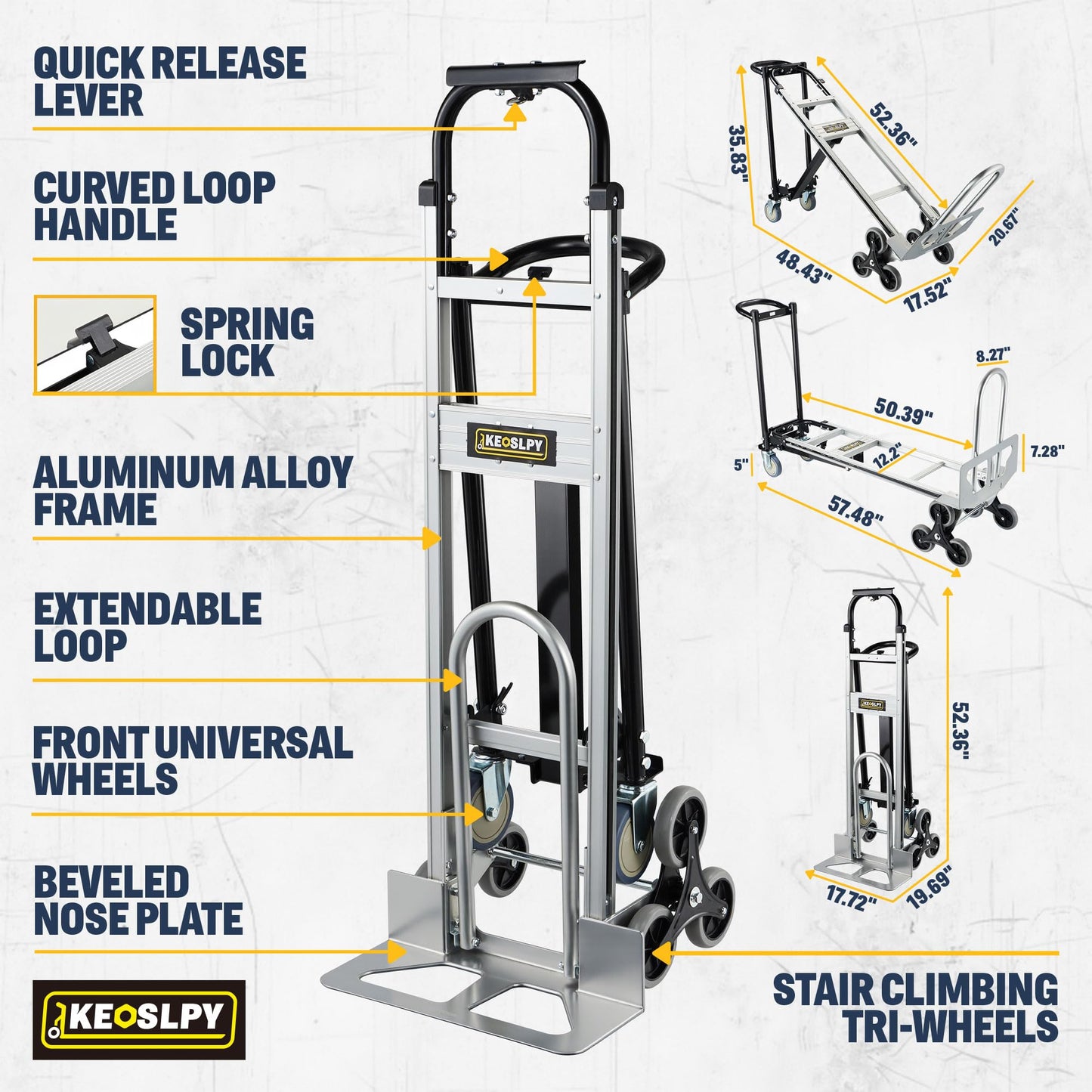 Keoslpy Upgraded 3 in 1 Industrial Convertible Hand Truck 1000 LBS Capacity, Aluminum Heavy Duty Hand Truck Dolly, Stair Climbing Dolly Cart Utility Platform Cart with Wheels for Transport & Moving