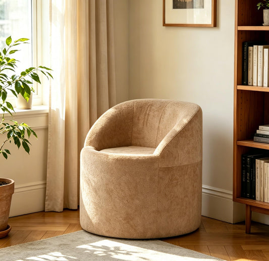 Barrel Accent Chair, Modern Chenille Reading Chair with Ergonomic Curved Back, Round Supportive Armchair for Living Room, Bedroom, Reading Corner & Office, No Assembly Required, Camel