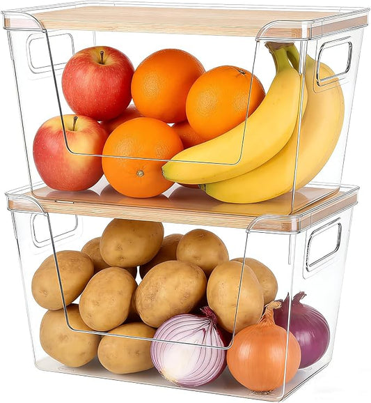 2 Set Pantry Organizers and Storage - Stackable Pantry Storage Bin Containers for Potato, Onion, Garlic, Fruit, Vegetable, Produce - Clear Front Open Kitchen Under Sink Organizer with Lid