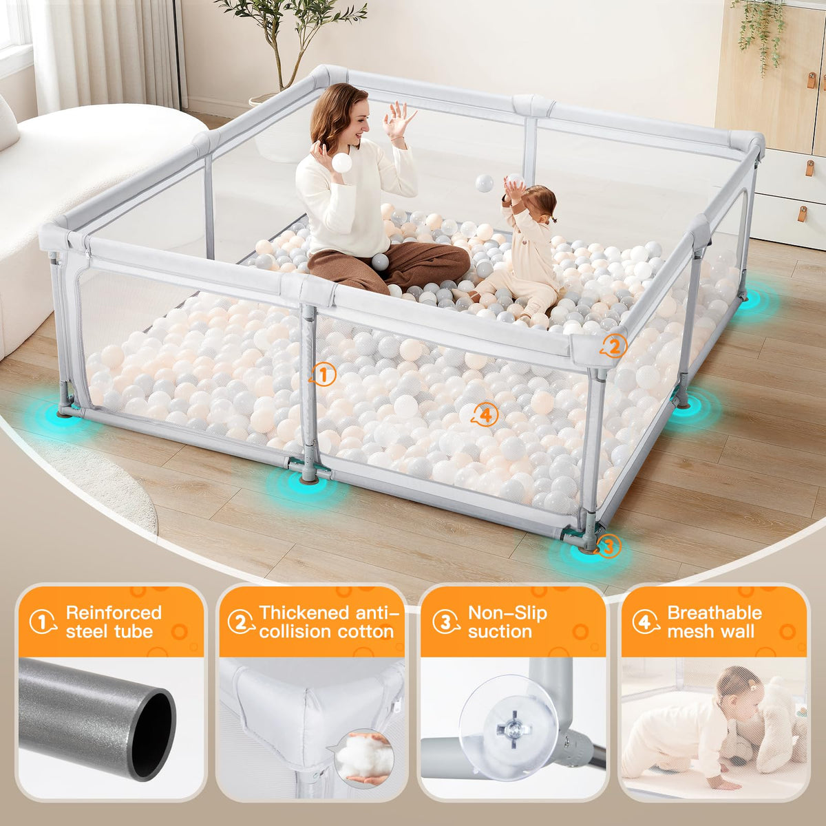 Baby Playpen,79"x59" Foldable Playpen for Babies and Toddlers with Gate,Large Play Pen with Zipper Door,Baby Play Pen Play Area(Light Grey)