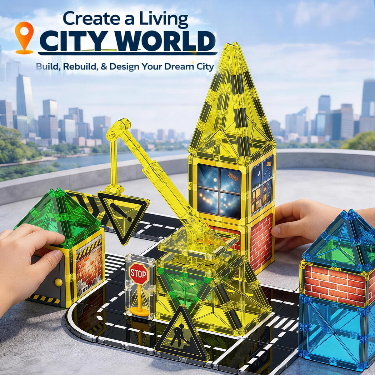 LATI Construction Magnetic Tiles City Set for Kids, Double-Sided Day & Night Building Blocks with Crane, Roads, Traffic Signs & Construction Vehicles, STEM Learning Toy for Boys & Girls Ages 3+