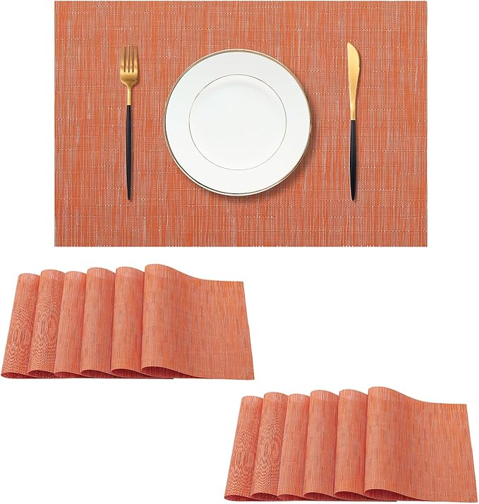 Leetaltree Orange Placemats Set of 12 - Heat Resistant Non-Slip Place mats for Dining Table, Washable Durable PVC Vinyl Woven Table Matsï¼Orange, 12ï¼
