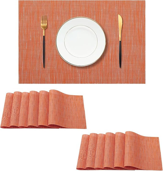 Leetaltree Orange Placemats Set of 12 - Heat Resistant Non-Slip Place mats for Dining Table, Washable Durable PVC Vinyl Woven Table Matsï¼Orange, 12ï¼