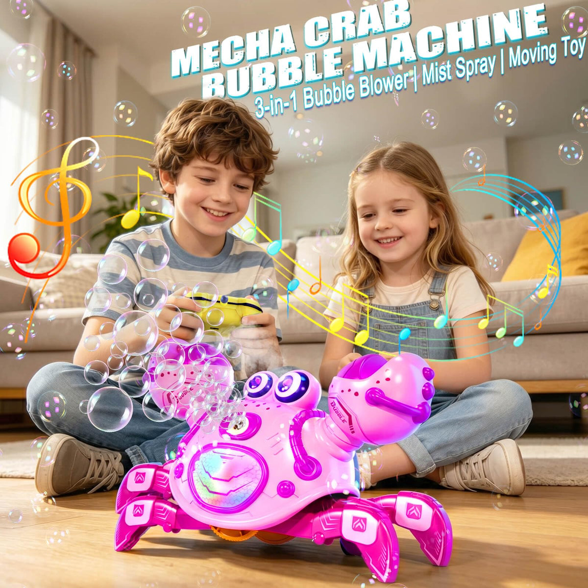 Gretex Crab Bubble Machine for Kids 3-6 Year Old: Remote Control Bubble Machine With Mist Spray Led Lights Music, AutoWalking Bubble Toy, Bubble Maker for Toddler Boys Girls Indoor Outdoor Party, Pink