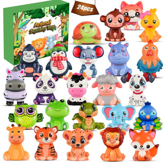 24PCS Party Favors for Kids, Animal Squishy Toys, Goodie Bag Pinata Fillers, Safari Wild Birthday Decorations, Treasure Chest Classroom Prizes,Easter Halloween Christmas Stocking Stuffers Gifts