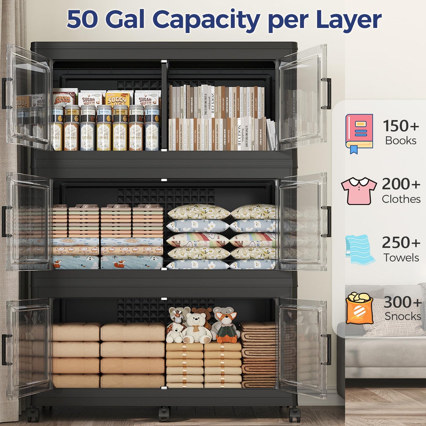 HOCRYPTA 250Gal 5-Tier Collapsible Storage Bins with Lid & Wheels, 1000QT Stackable Large Plastic Storage Cabinet Organizer Box with Doors for Bedroom Closet Kitchen Clothing Storage, Black