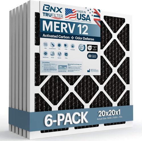 BNX TruFilter MERV 12 Odor Defense AC Furnace Air Filter - 20x20x1, 6-Pack with Activated Carbon | Made in USA