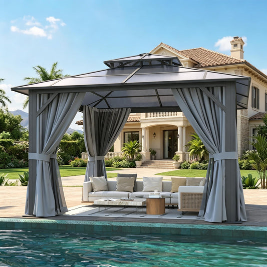 Breezestival 10’x10’ Hardtop Gazebo with Double Polycarbonate Roof Outdoor Metal Gazebo Sturdy Aluminum Frame & Removable Curtains, Netting Permanent Pavilion Pergola for Garden,Patio,Lawn (Gray)