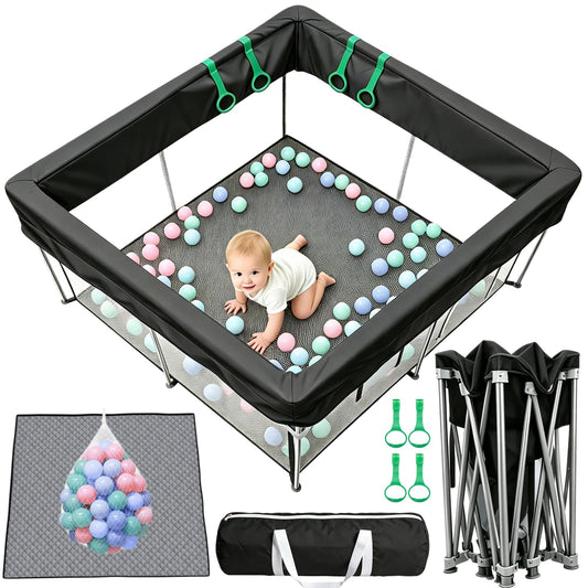 Desque Foldable Baby Playpen with Mat, 50"×50" Collapsible Play Yard for Babies and Toddlers, No Assembly Required, Kids Safety Play Area with 4 Handles, 50 Balls and Visible Mesh, Black