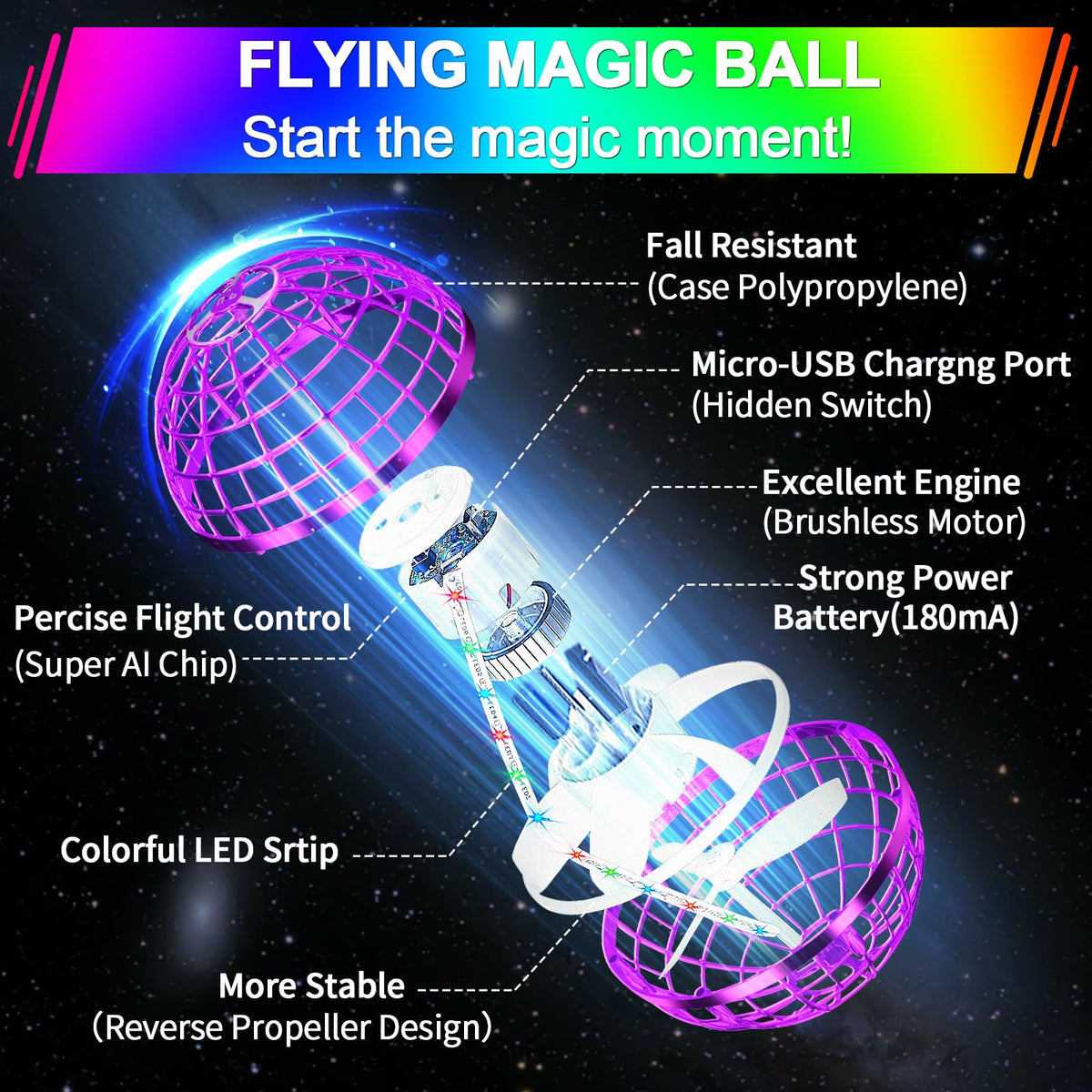 Vantexi Flying Orb Ball Toy,2026 Upgraded Parachute LED,Magic Hand Controlled Flying Gravity Ball,Cosmic Globe Boomerang,Cool Christmas Birthday Gift for 6 7 8 9 10+ Year Old Boys Girls-Blue & Purple