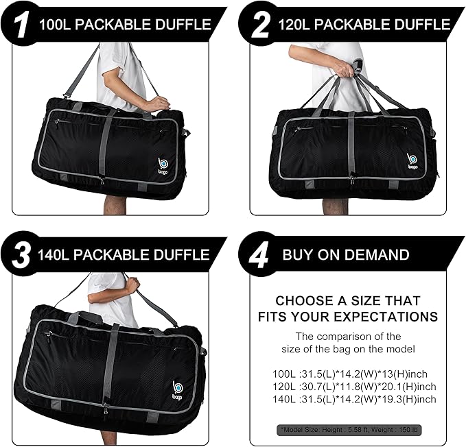 Bago Big XXL Foldable Duffel Bags for Traveling Women & Men - 140L Packable Duffle Bag for Travel with Shoe Compartment - Water Repellant, Heavy Duty, Lightweight Folding & Collapsible (Red)
