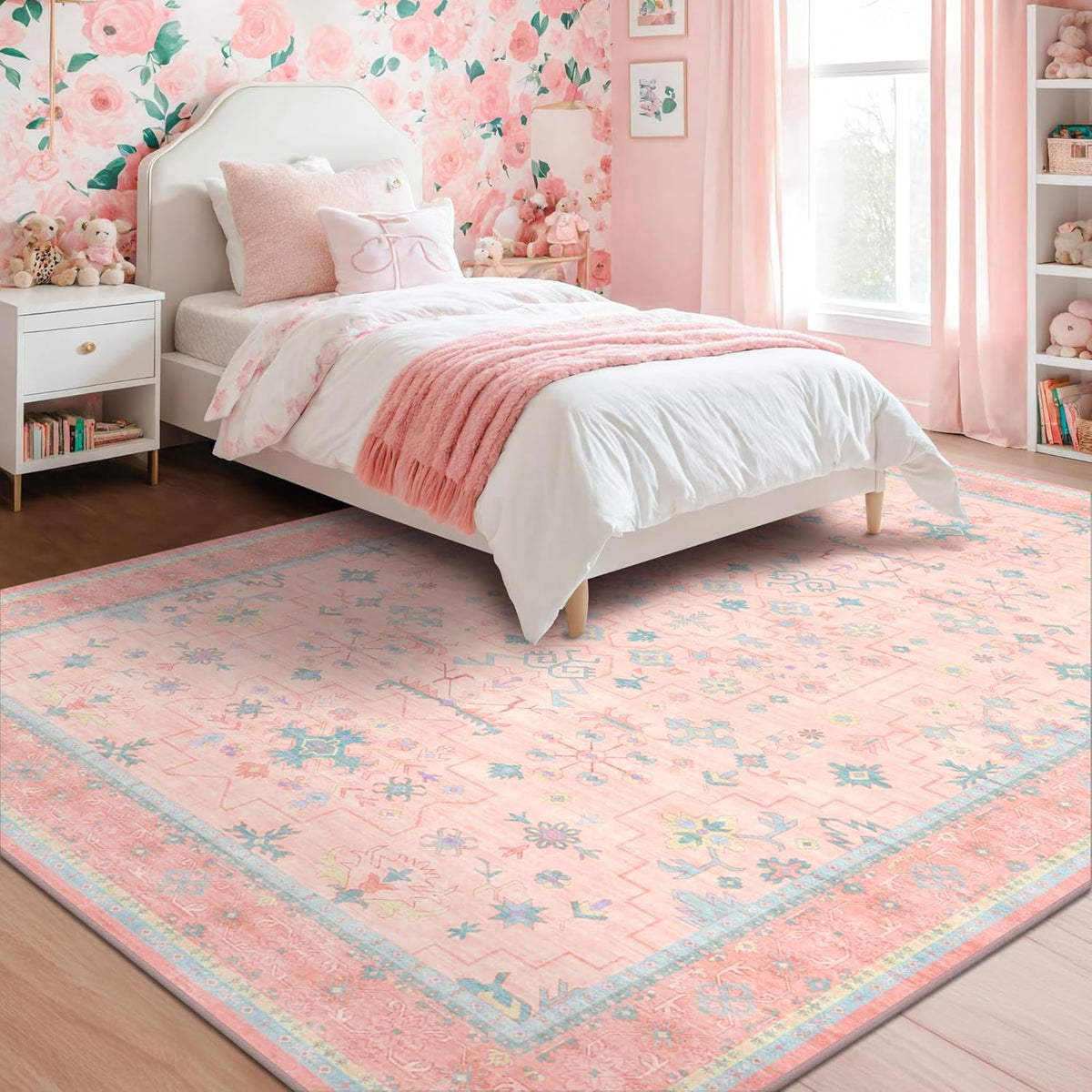 Oushak Rugs | Washable 8x10 Pink and Blue Floral Design | Soft Faux Wool, Non-Slip, Stain Resistant for Bedroom & Living Room