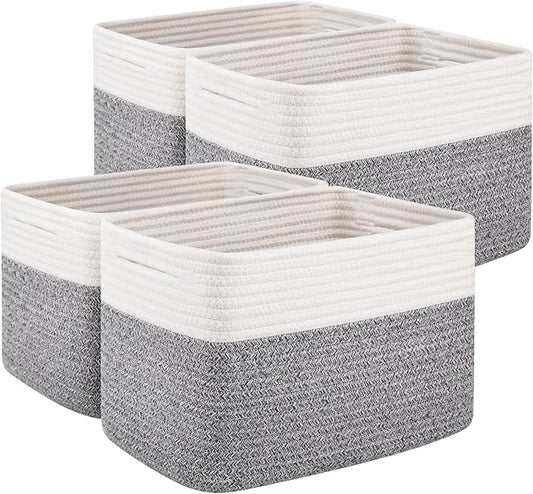 OIAHOMY 4 Pack Storage Basket, 13"x9"x7.8" Cotton Rope Baskets for Shelves, Closet Organizer for Bedroom & Living Room, Soft Decorative Bins for Organizing Towels, Books & Toys, Grey & White