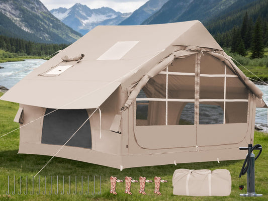 4-6 Person Inflatable Tent for Camping with Stove Jack, Hand Air Pump Easy Setup Blow Up Tents for 4 Seasons Waterproof Inflatable Air House Tent for Outdoor Adult