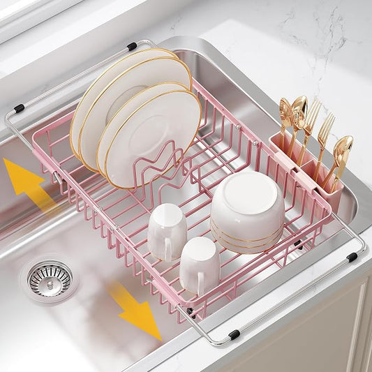 JASIWAY Pink Expandable Stainless Steel Dish Drying Rack Over The Sink for Small Kitchen, Counter Space Saving Compact Plate Drainer Strainer, Adjustable Hanging Metal Dish Dryer with Utensil Holder