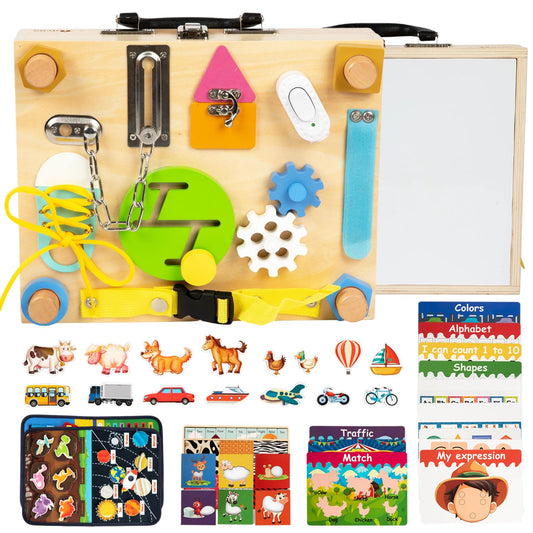 Adena Montessori Busy Board Box for Toddlers 2-4, 6 in 1 Montessori Toys for 1 Year Old with Drawing Board, Quiet Book, Puzzles, Sensory Toys for Fine Motor Skills, Learning Toys for Travel