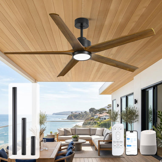 52 Inch Smart Outdoor Ceiling Fan with Light, Alexa/App/Remote Control, 5 Walnut Solid Wood Blades, Modern Farmhouse, Quiet Energy Efficient DC Motor, Damp Rated for Patio Porch Indoor Living Room