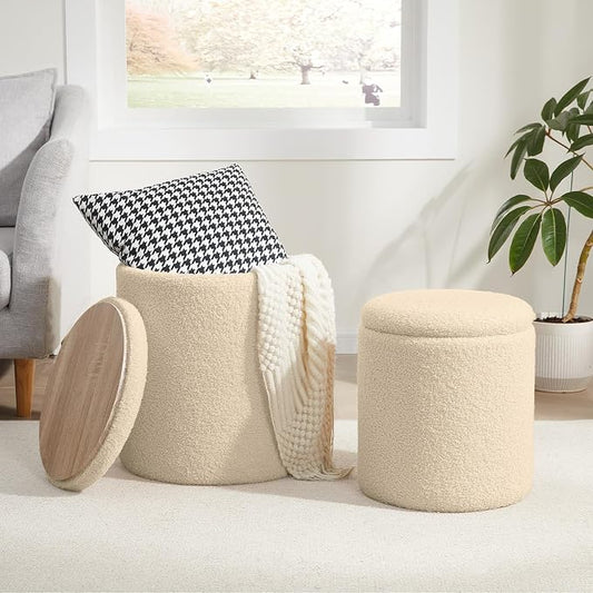 Royal Windsor Boucle Round Ottoman with Storage Set of 2,Small Foot Stool Ottoman for Living Room, Small Coffee Table,Vanity Stool with Storage for Bedroom, Beige