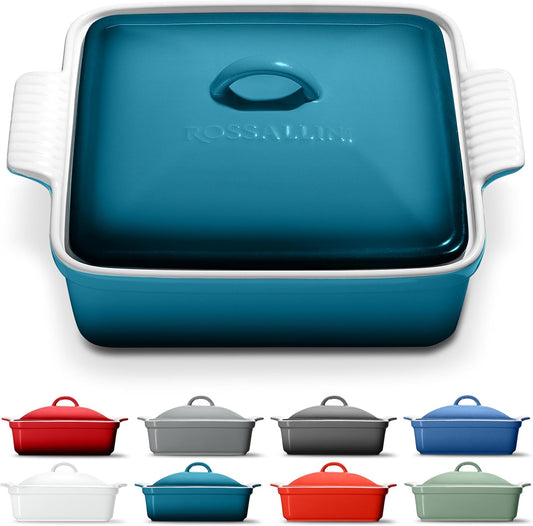 ROSSALLINI Stoneware Casserole Dish - Covered Square Bakeware with Lid | Medium 2 Quart, Ocean Blue