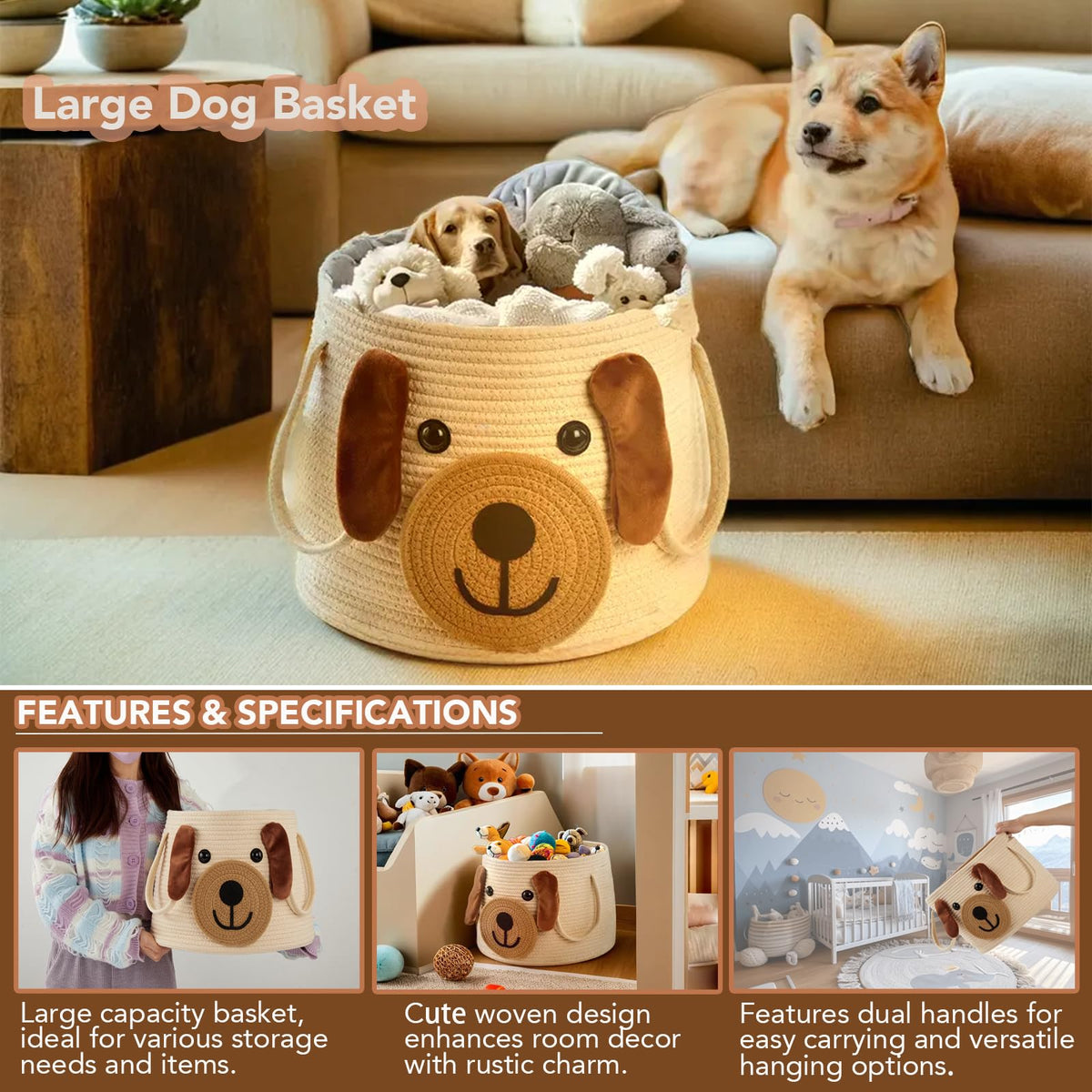 Large Dog Woven Basket with Handles - Toy Storage Bin, Baby Gift & Animal Nursery & Cute Laundry Basket, for Clothes, Towels, Toys (Dog)